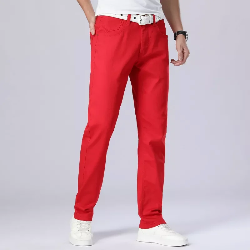 

NEW IN Summer Men Wine Red Jeans Fashion Casual Boutique Business Casual Straight Denim Stretch Trousers Men's Brand Pants