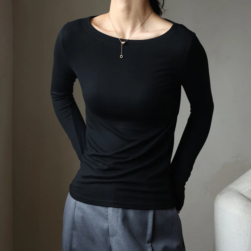Осенние женские футболки топы из модала для ношения слоями однотонная пикантная