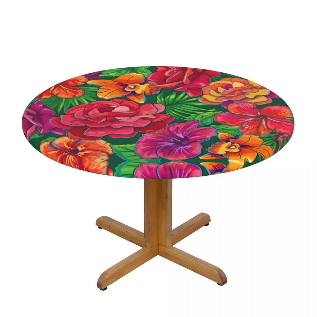 

Round Table Cover Cloth Protector Polyester Tablecloth Leaves And Roses Fitted Table Cover with Elastic Edged