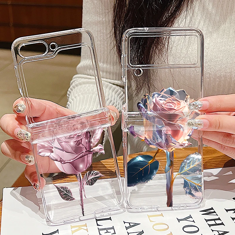 Прозрачный чехол для телефона с рисунком розы Samsung Galaxy Z Flip5 Flip4 Flip6 5G жесткий