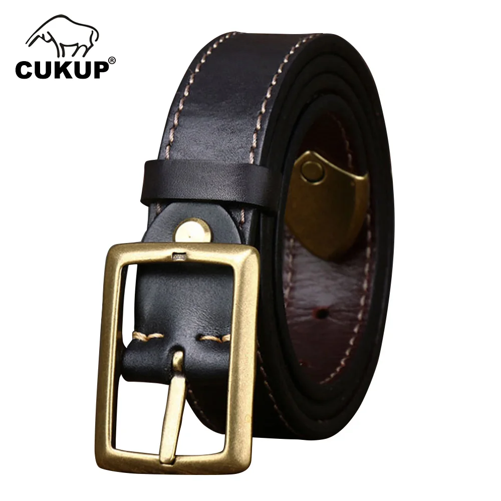 CUKUP 3.3cm&3.8cm Wide Thickened Vegetable Tanned Head Layer Leather Double-sided Pure Cowhide Belt for Unisex Model NCK1149