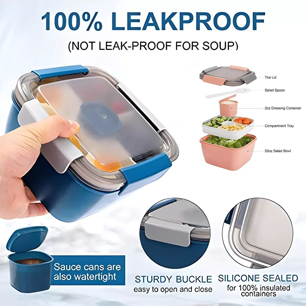 

Bento Box for Kids Adult Salad Lunch Box 1500ml Bento Lunch Box Containers with 3 Compartments Tray Salad Dressings Container