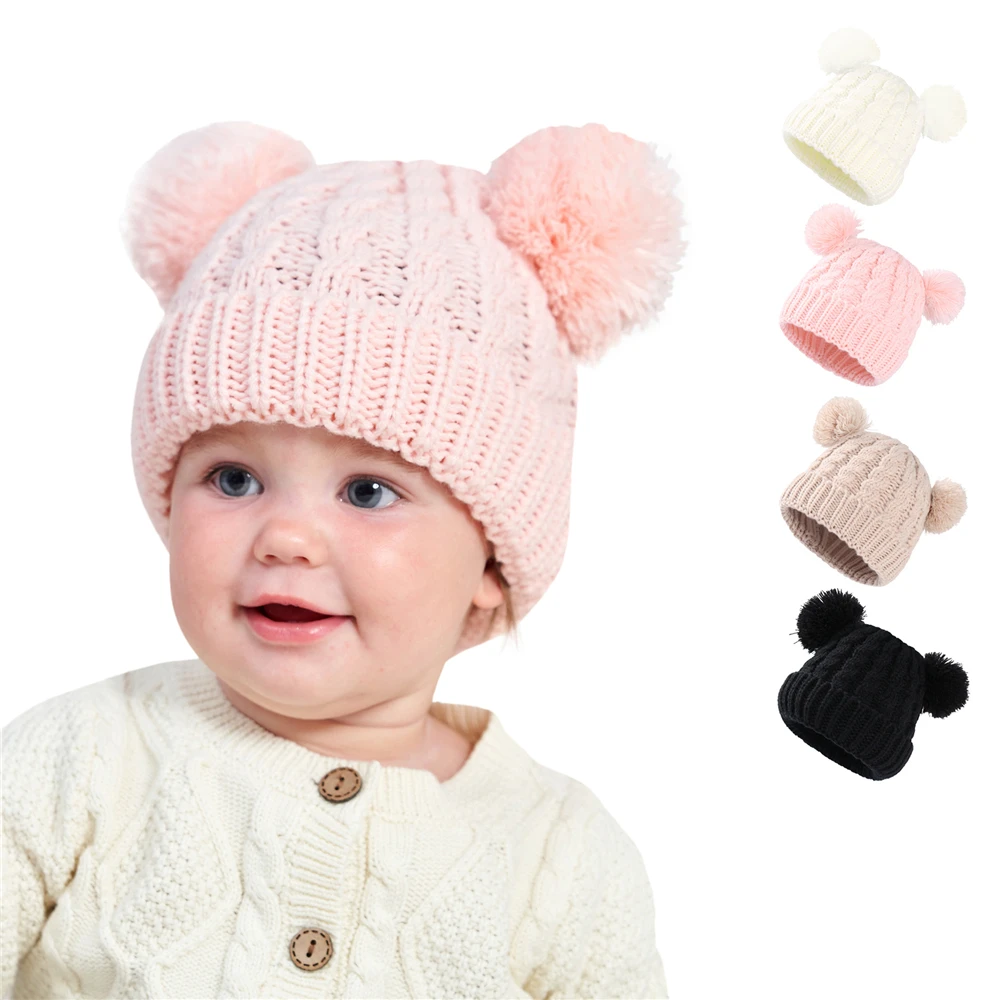 

Newborn Baby Kids Girls Boys Winter Warm Knit Hat Furry Balls Pompom Solid Warm Cute Lovely Beanie Cap Chrismas Gifts for Child