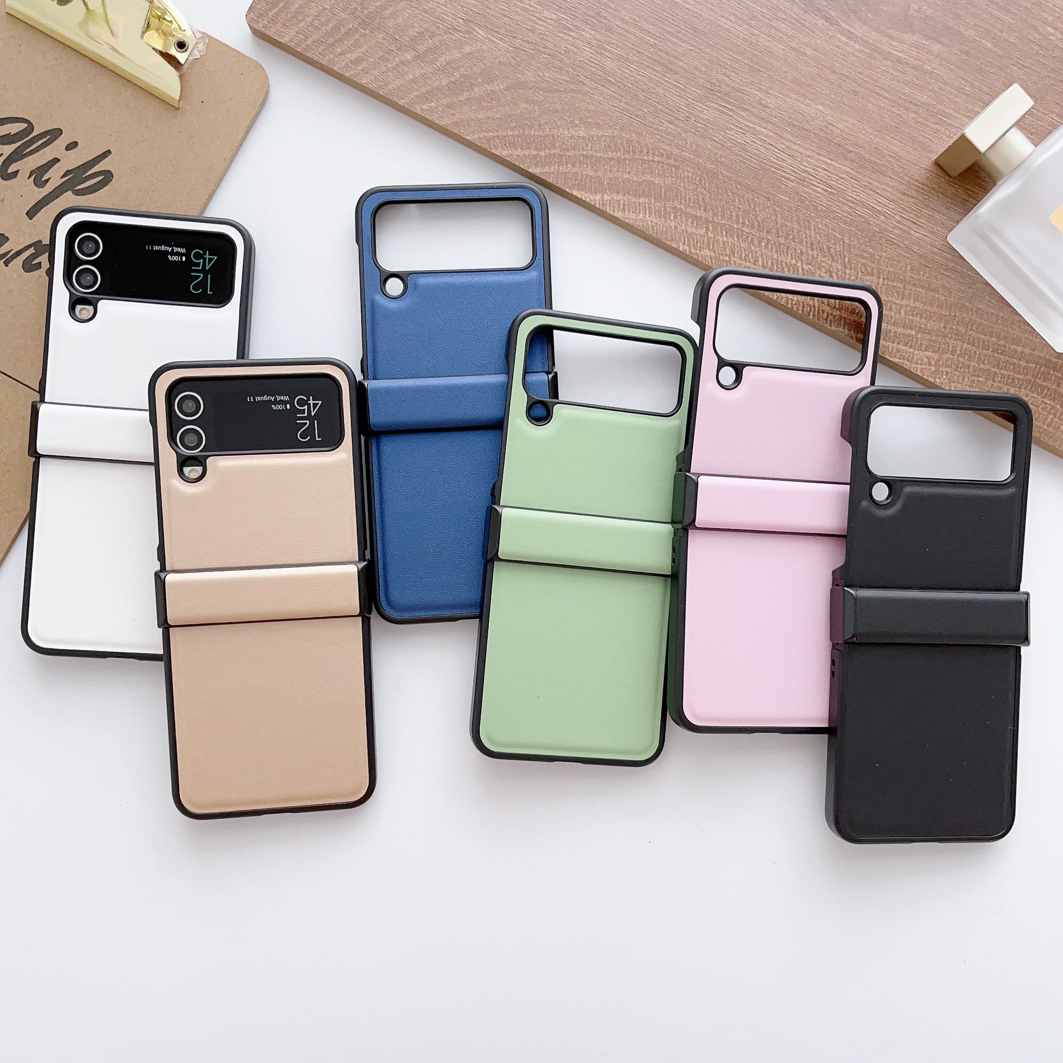 Luxury Leather Phone Case For Samsung Galaxy Z Flip 4 3 Flip4 Flip3 5G With Hinge Full Protective Case Plain Cover