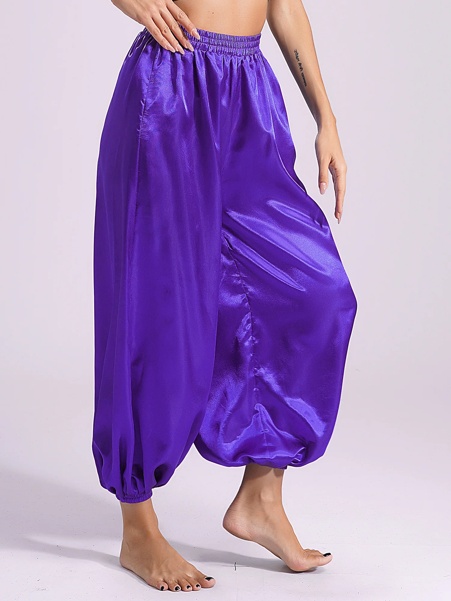 Брюки-шаровары для танца живота повседневные свободные однотонные атласные