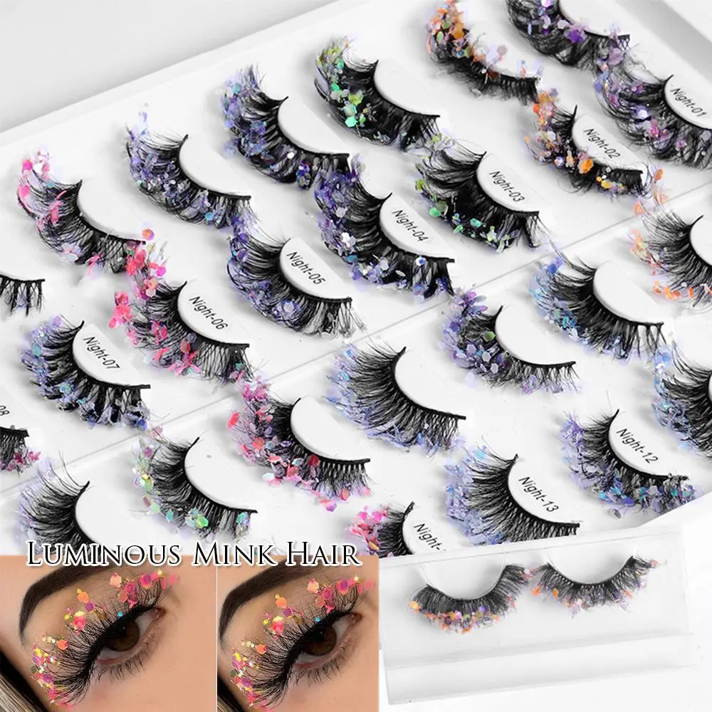 

1Pair 3D Luminous Mink Hair False Eyelashes 20mm Fluffy Lashes Dramatic Fluorescent Sequins Eyelashes Makeup Tool