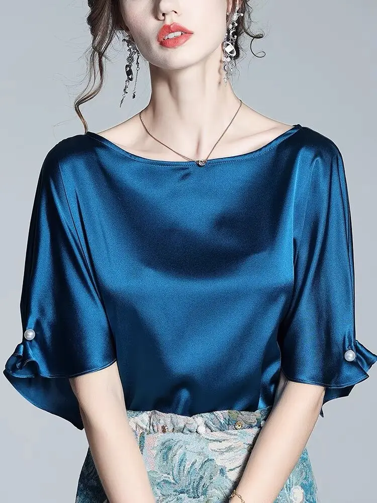 Plus size elegant Original design pearl brooch ice silk tops blouse Comfortable luxury acetate Satin half sleeve shirt Burgundy