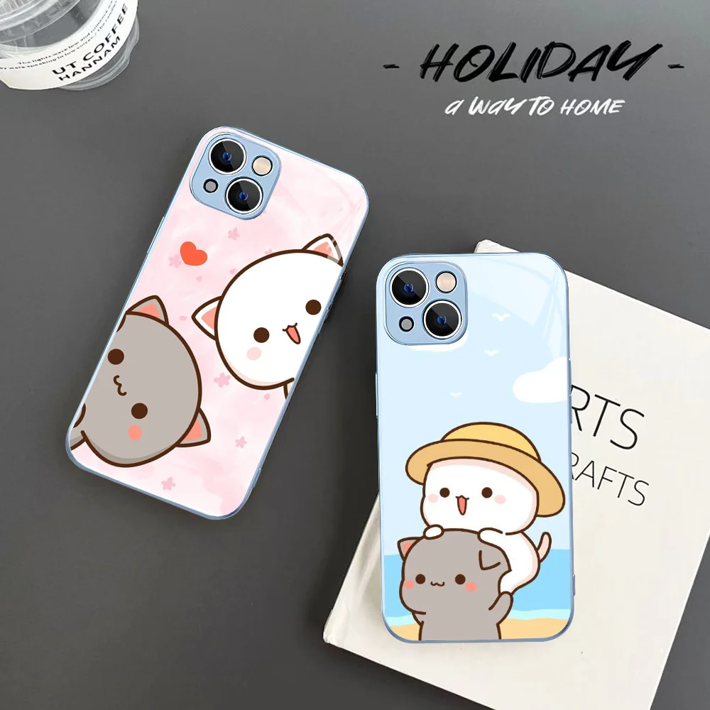 Cartoon Peach Mochi Cat Phone Case For IPhone 14 13 12 Mini 11 Pro XS Max X XR Plus Tempered Glass Cover