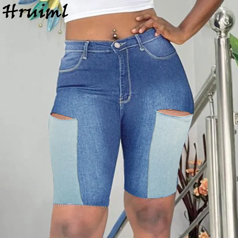 

Women's Shorts with Pockets Denim Casual High Waist Color Matching Wholesale Fashion Female Clothing Streetwear Hole Decorated