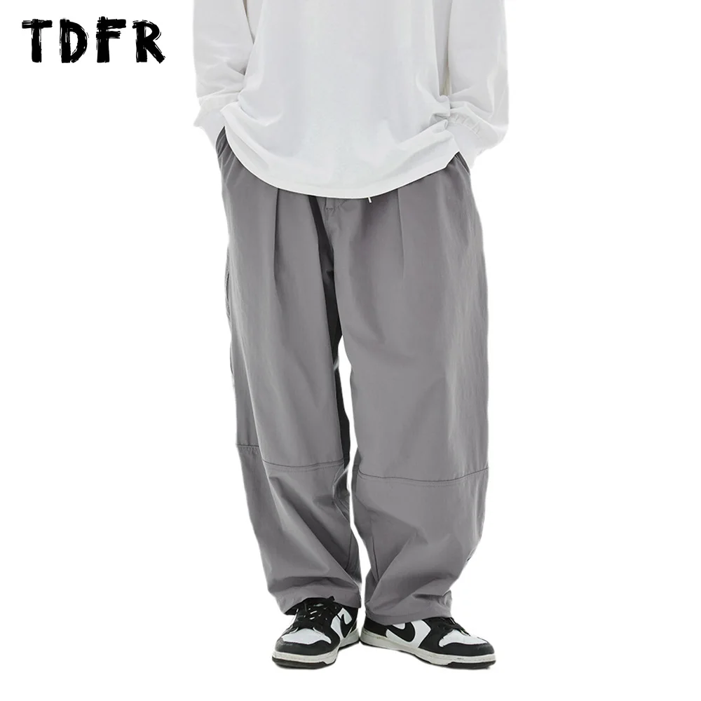 

Solid Color Cargo Pants Mens Streetwear Casual Simple Loose Drawstring Elastic Waist Wide Leg Pants Men Trousers
