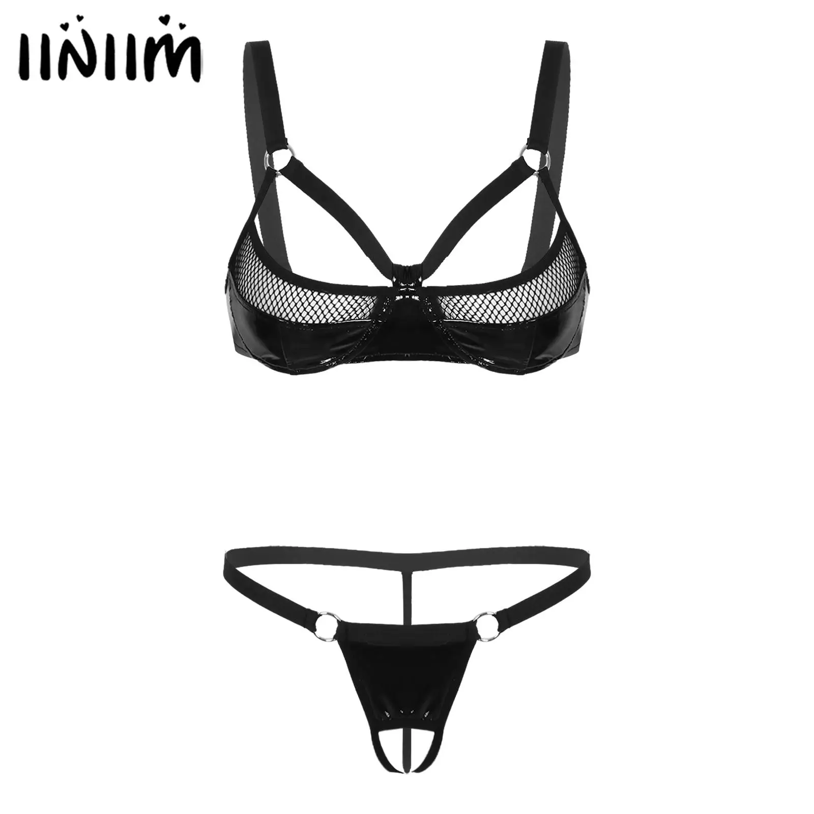 

Sexy Lingerie for Women Shiny Wet Look Patent Leather Bra Set Hollow Out Fishnet Patchwork Wireless Bra with Crotchless Thongs