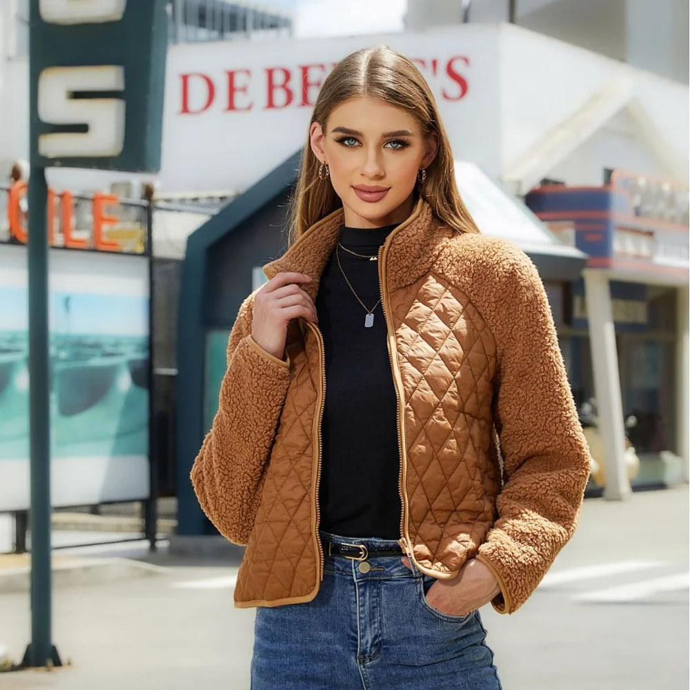 

Remelon Solid Elegant Casual Knit Plush Spliced Women's Jacket 2023 Autumn New In Fashion Zipper Soft Long Sleeve Jacket Female