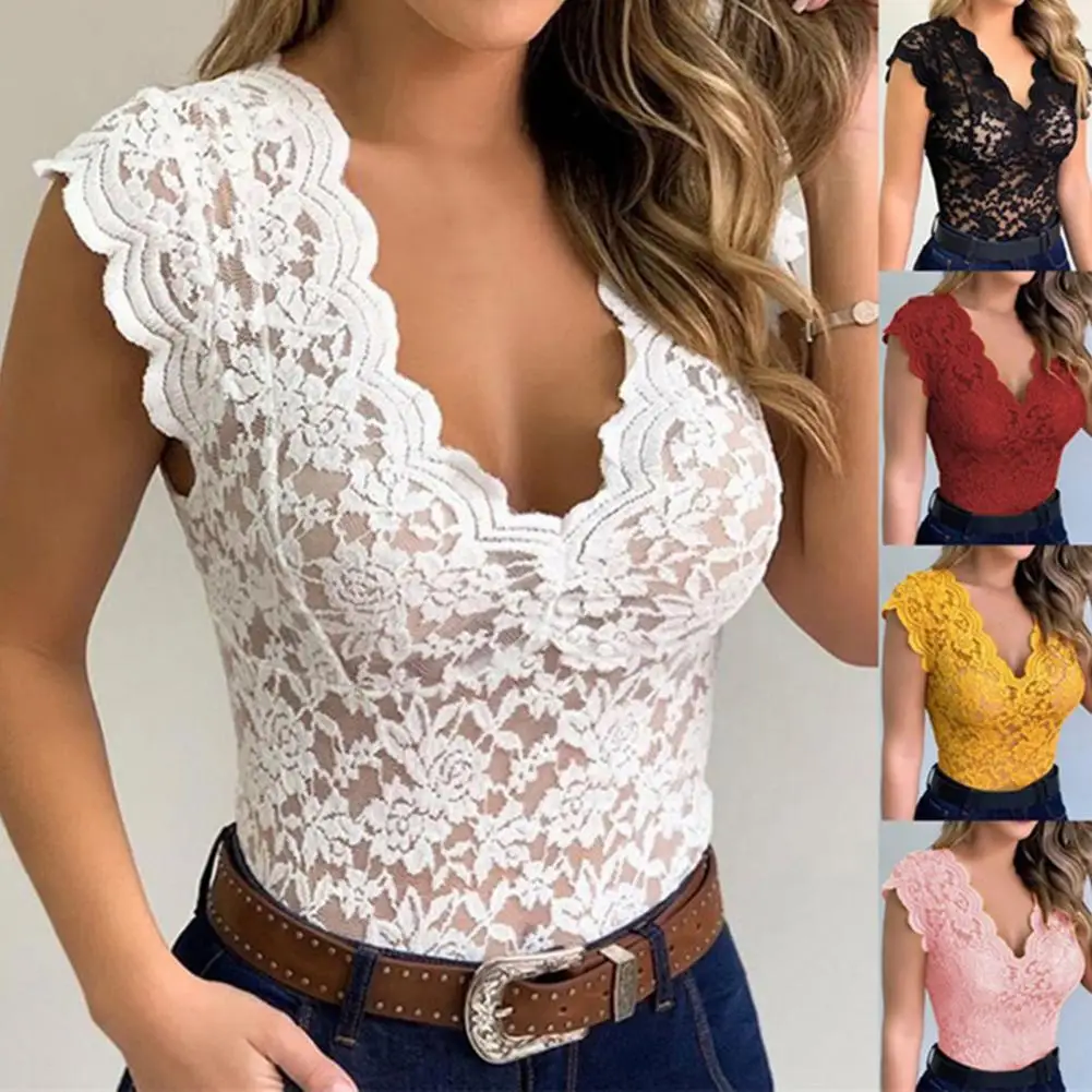 

V-neck Sleeveless Tunic Top See-through Floral Lace Hollow Summer Blouse Streetwear
