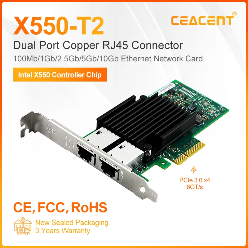 Сетевая карта Intel X550 X550-T2 PCIe 3,0 X4 10 ГБ, сетевая карта с двумя портами RJ45, Ethernet адаптер с поддержкой скорости 10GbE/5GbE/2.5gbe/1GbE Сетевая карта Intel X550 X550-T2 PCIe 3,0 X4 10 ГБ, сетевая карта с двумя портами RJ45, Ethernet адаптер с поддержкой скорости 10GbE/5GbE/2.5gbe/1GbE
