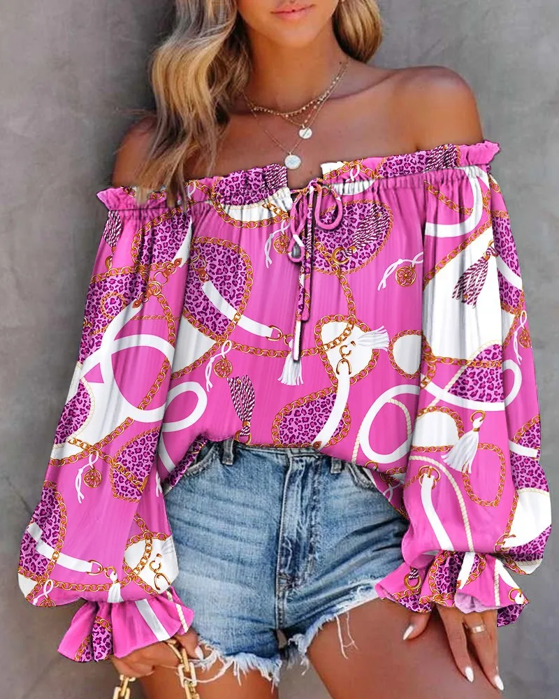 

Cross Border Women's Clothing 2023 Amazon AliExpress WISH Fashion Print Patchwork Lace Up Off Shoulder Top Traf Official Store