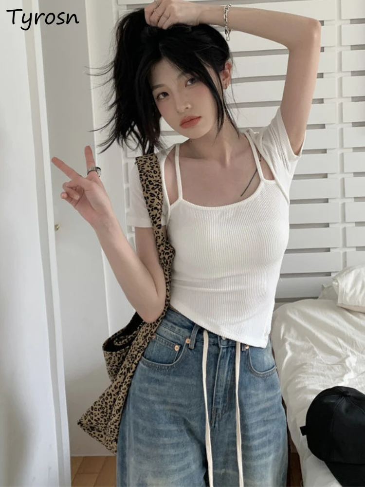 

Asymmetrical T-shirts Women Fake Two Pieces Personality Pure All-match Crop Design Ulzzang Hot Girls Daily Stylish Summer Simple