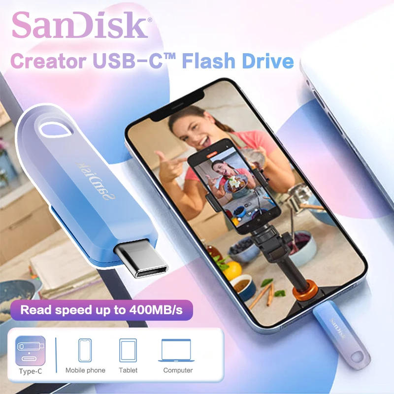 Оригинальный USB-C флеш-накопитель SanDisk Creator 400 МБс, 256 ГБ, 512 ГБ, 1 ТБ, USB 3.2 Gen1, высокоскоростной U-диск для ПК, телефонов и ноутбуков (art.: 3920dba1441ff) - 3920dba1441ff