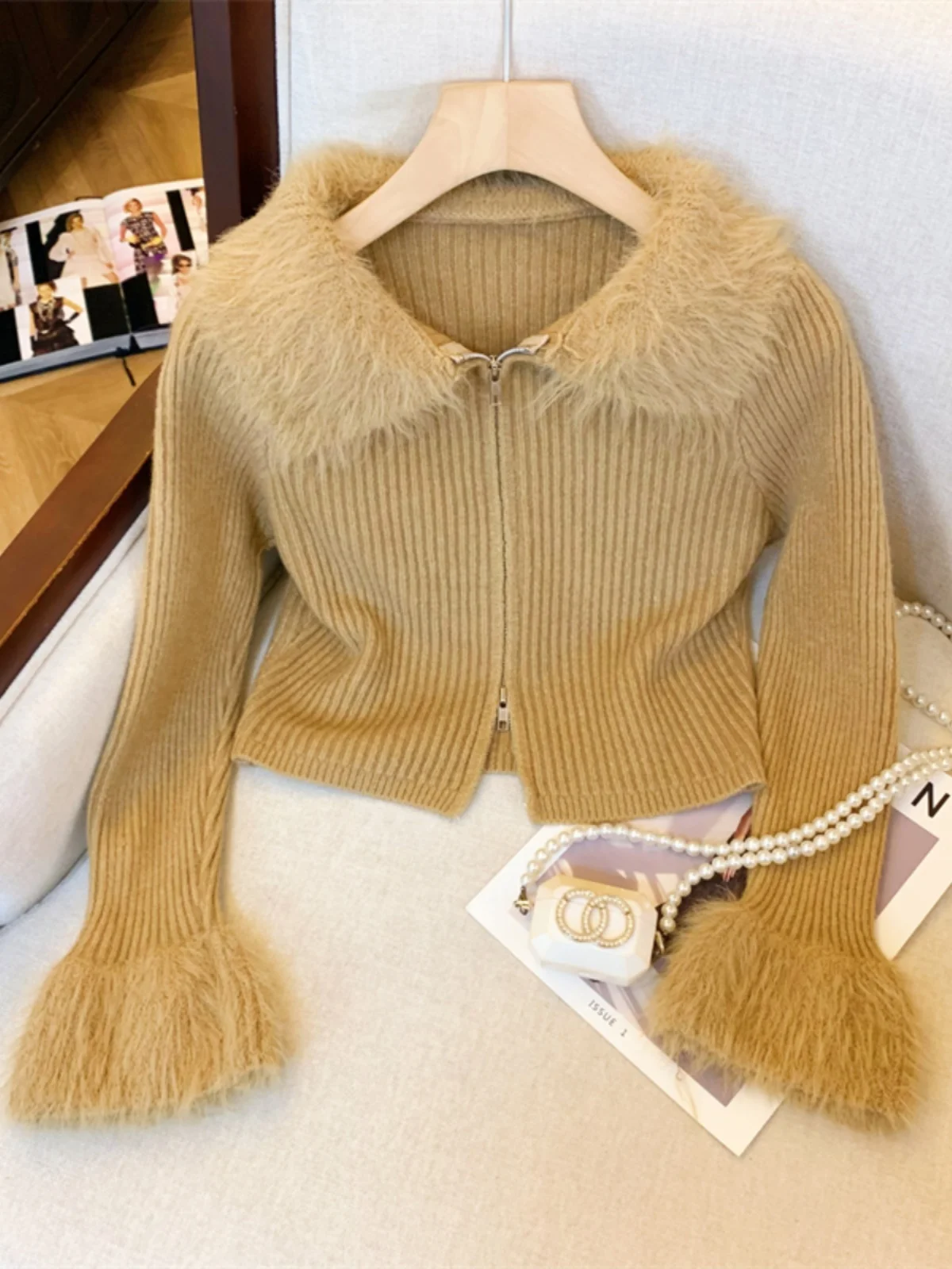 Французская пушистая лоскутная вязка с двойной молнией женская осенне-зимняя