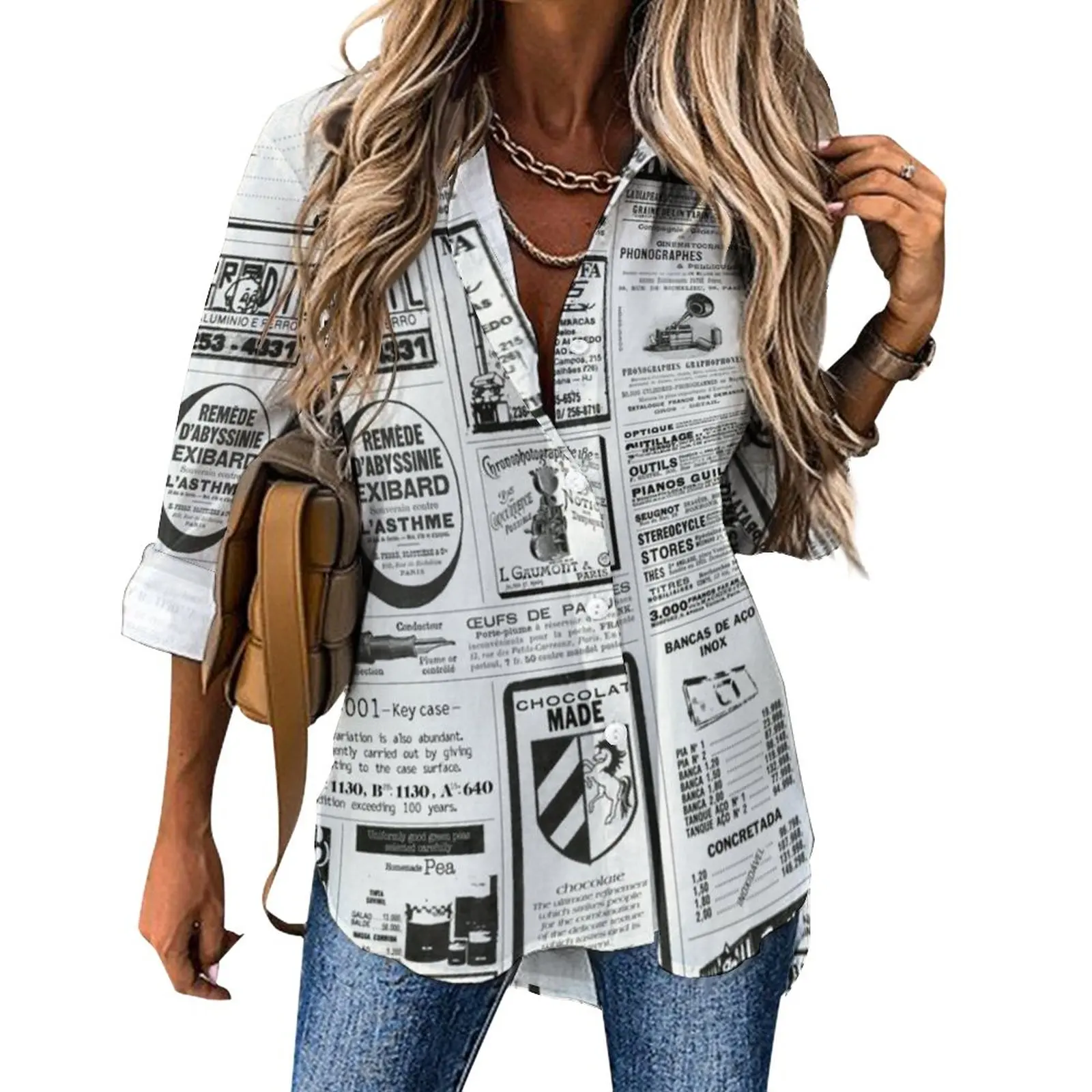 

Old Newspaper Print Casual Blouse Retro Letter Cute Graphic Blouses Women Long Sleeve Street Fashion Shirt Autumn Oversize Tops