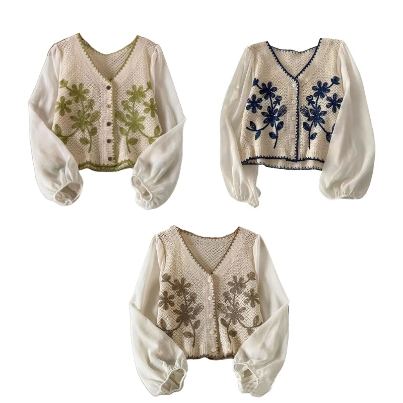 

Crochet Loose Outwear Buttons for JACKET Women Spring Embroidery Cropped Cardiga