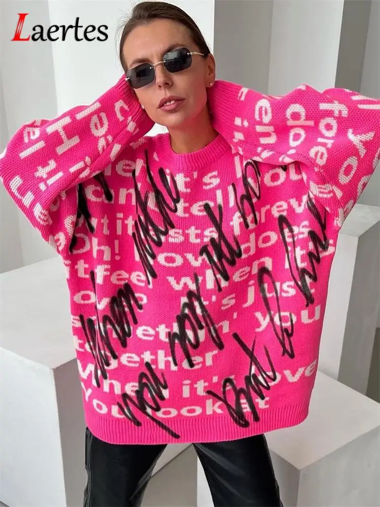 

Свитер женский оверсайз с круглым вырезом и надписью, на осень/зиму