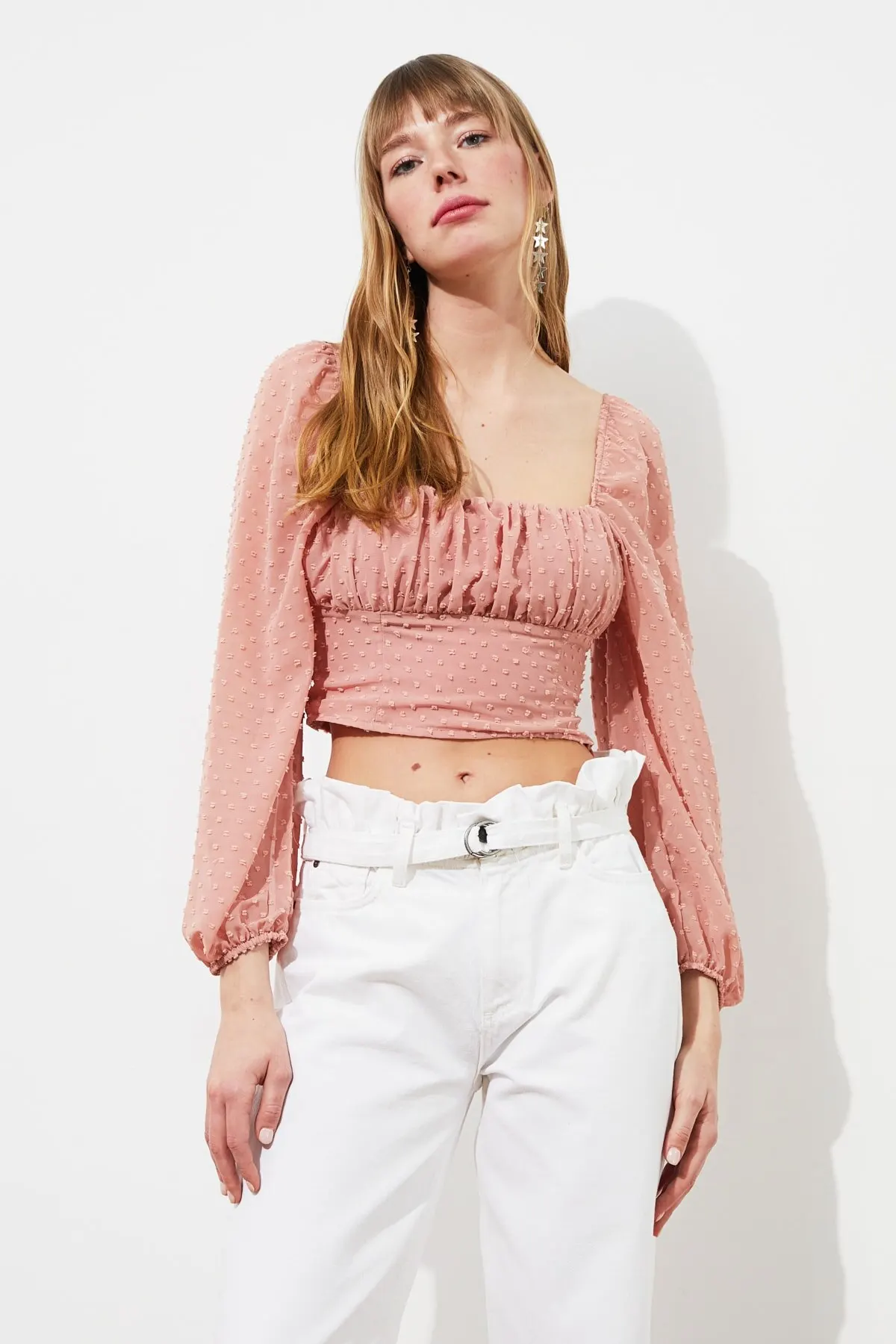 

Women's Summer Crop Top Blouse Powder Ruffle Long Sleeve Crop Blouse hot girl top bottoming shirt