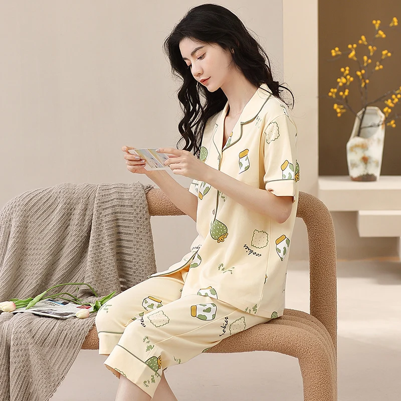 Летняя Хлопковая женская пижама с мультяшным принтом Женская домашняя одежда