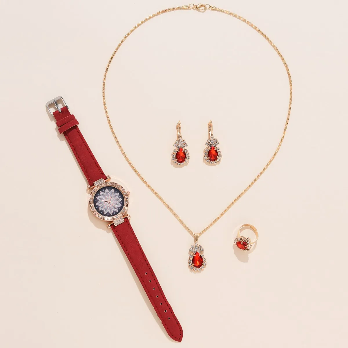 New 5pcs Set Watches Women Leather Band Ladies Watch Simple Casual Women Analog WristWatch Bracelet Gift Set Montre Femme