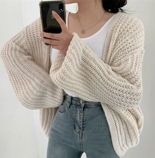 

2022 Winter New Fashion Cardigans for Women's Knit Sweaters Lantern Sleeve Elegant Loose V-neck Long Sleeve Clothes 23511
