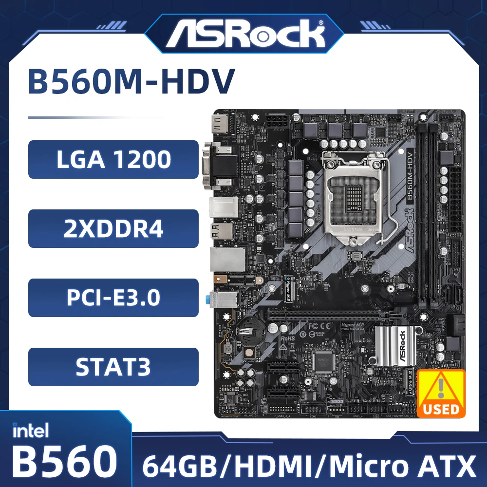 Материнская плата Intel B560 ASRock B560M-HDV LGA 1200 DDR4 64GB PCI-E 4,0 2 × M.2 USB3.2 Micro ATX Поддержка ЦП 11/10-го поколения