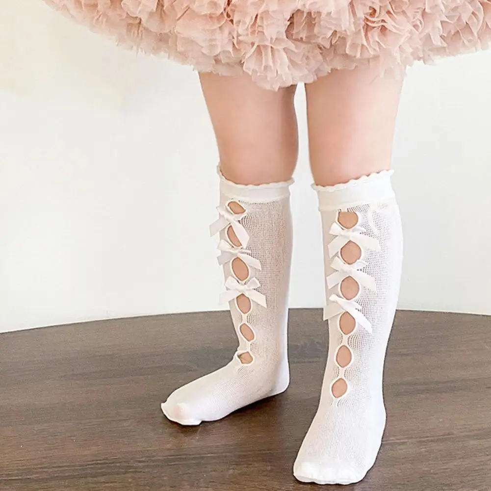 

Baby Girl Mid-calf Socks Hollow Out Lace Bow Tie Hollow Out Mesh Design Non-slip Chinlon Toddlers Floor Socks for Daily Use