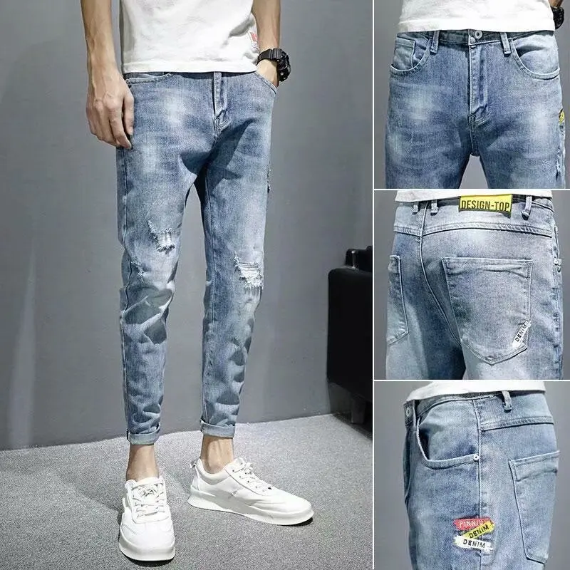 Men Jeans Korean Style Jeans Summer Solid Color Slim Fit Denim Ankle-Length Pants Men Mid Waist Button Ripped Denim Pencil Pants