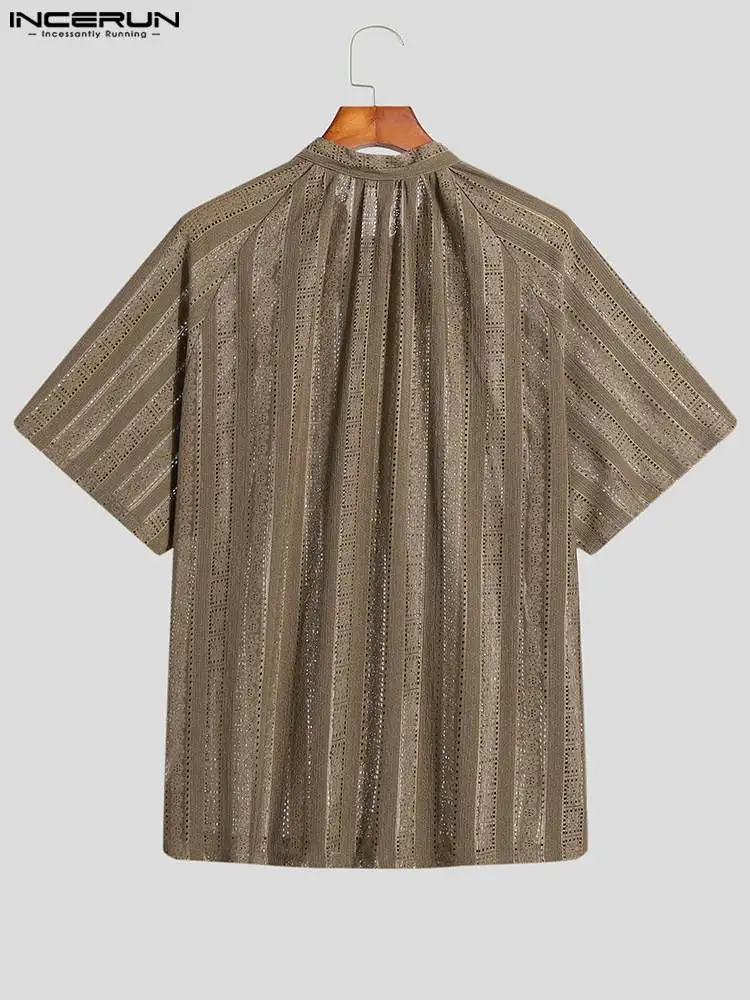 Casual Simple Style Tops INCERUN New Men Mesh Shiny Blouse Handsome Male Solid Short-sleeved Loose Comfortable Shirts S-5XL 2022