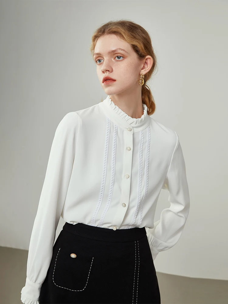 Женская шифоновая блузка с кружевом и воротником-стойкой