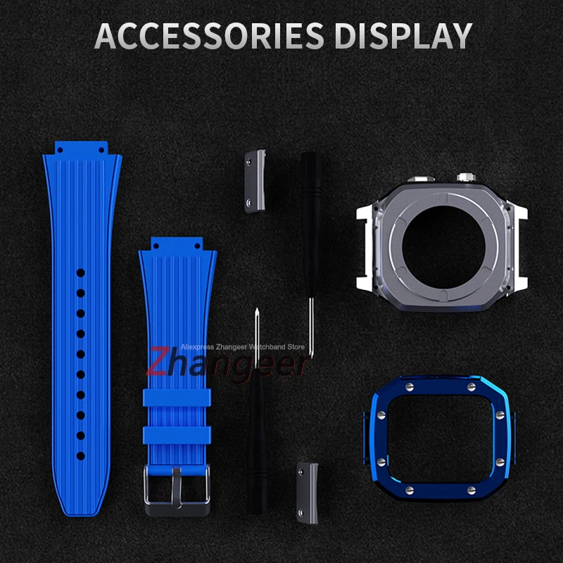 Metal Case for Apple Watch Band 45mm Modification Kit for Iwatchseries 7 6 5 4 SE 44mm Silicone Rubber Strap Luxury Bracelet