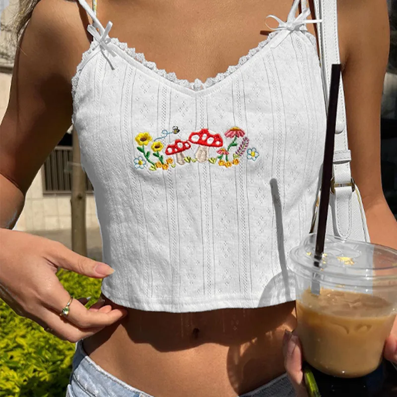 

KAAAZI Sleeveless Straps Slip Crop Top Mushrooms Embroidery Graphic Lace Patchwork Summer Short Style Streetwear Women Fashion