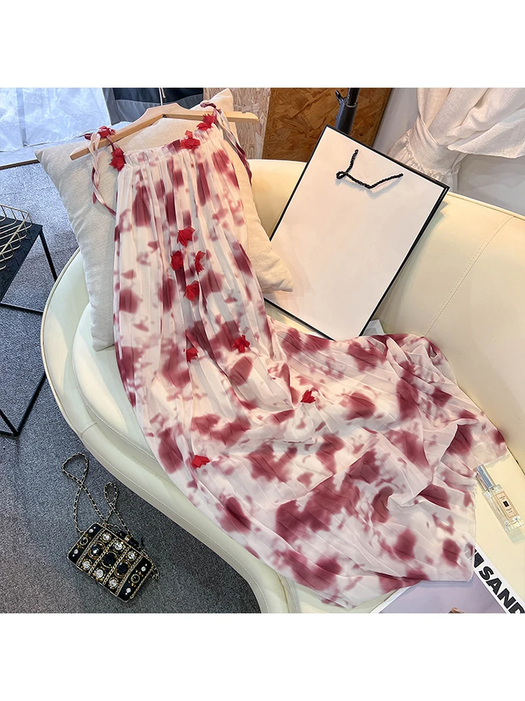 

Женское плиссированное платье на бретельках, повседневное Свободное длинное платье без рукавов с цветочной аппликацией и завязкой, одежда на лето