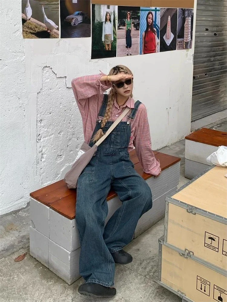 Комбинезон женский джинсовый с широкими штанинами модный винтажный комбинезон