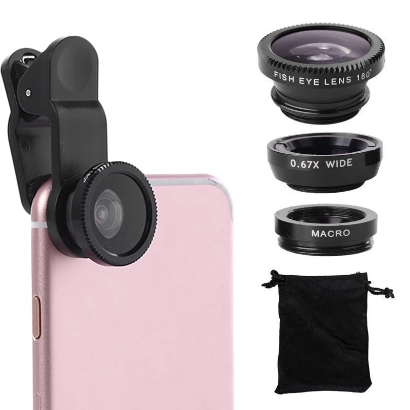 

3in1 Fish Eye Lens 0.67X Wide Angle Zoom Fisheye Macro Lenses Camera Kits With Clip Universally Lens For iPhone 13 Xiaomi Huawei