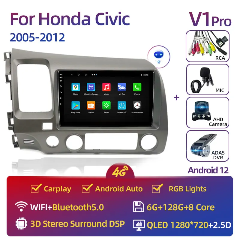 

Радиоприемник Rc V1pro AI Voice Carplay для Honda Civic 2005-2012 Мультимедийный видеоплеер Android Auto 4G GPS 2 Din Autor