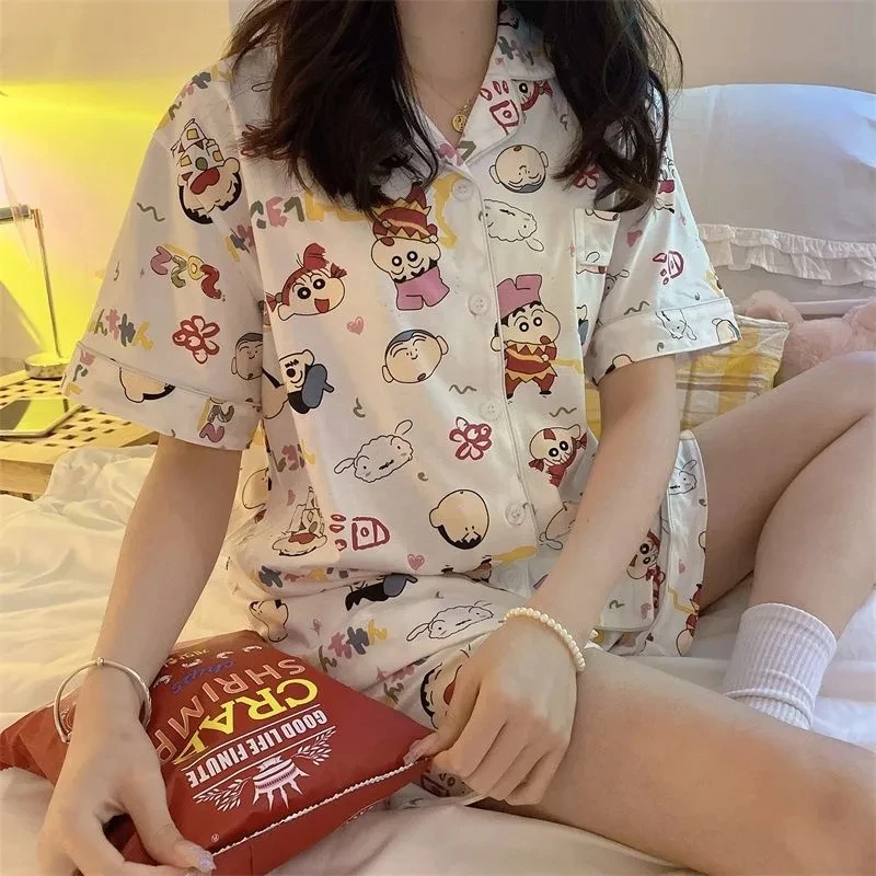 

Sanrio Hello Kitty Nightdress Crayon Shin-chan Anime My Melody Kuromi Y2k Summer Short Sleeve Pajamas Cute Student Leisure Wear