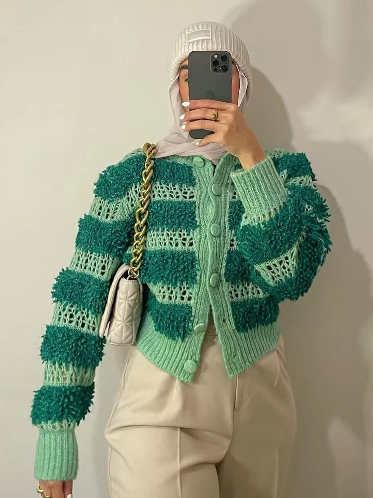 

PUWD Women Fashion Green Striped Knit Cardigan Sweater 2023 Spring Vintage Long Sleeve Button-up Female Outerwear Chic Tops