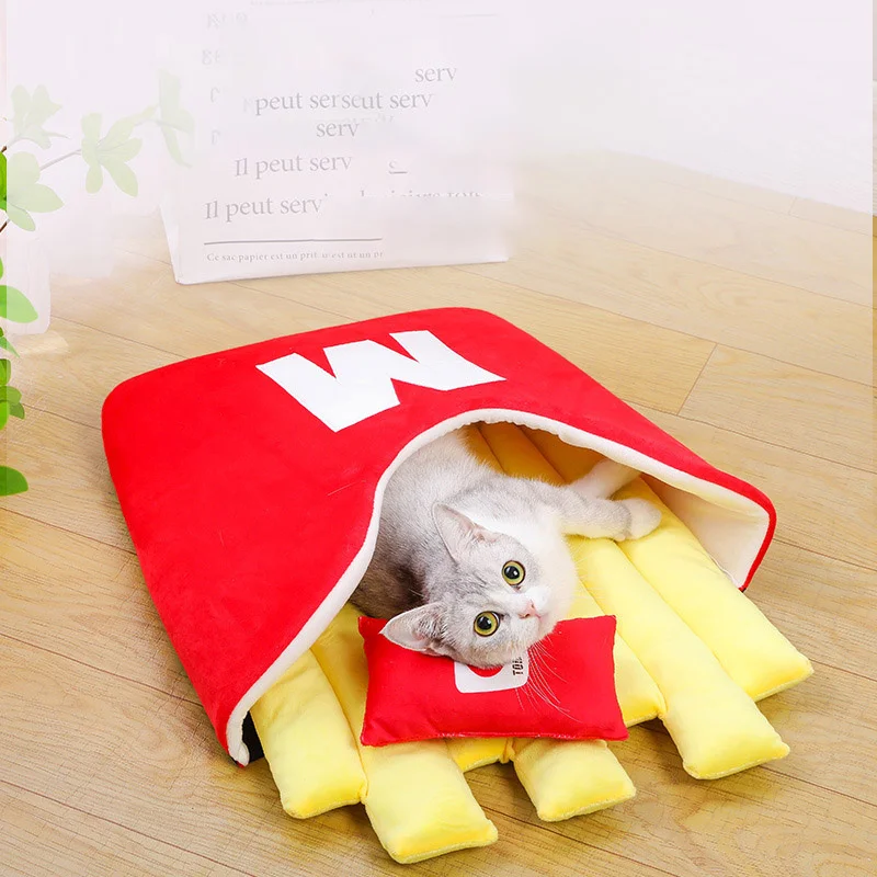 

Cat Bed Pet Beds French Fries Shape Nest Dog House Semi-enclosed Removable and Washable Pets Litter Four Seasons Deep Sleep CW50