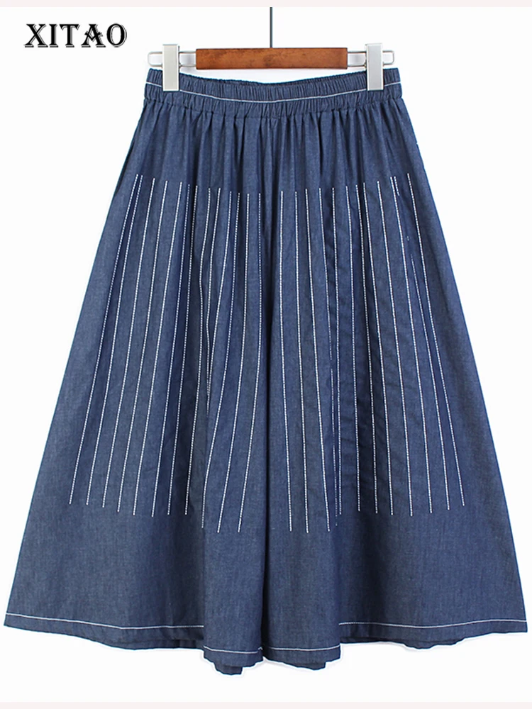 

XITAO Striped Wide Leg Pants Fashion Elastic Waist Goddess Fan High Waist 2022 Summer Pleated Calf Sleeve Pants WMD6181