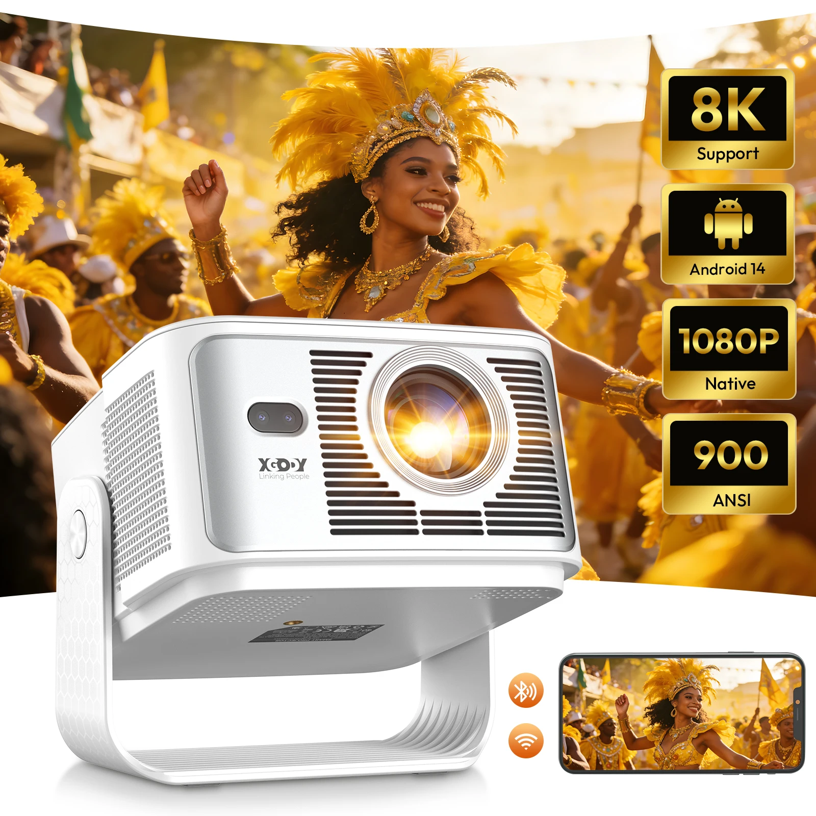 XGODY 900ANSI 8K Projector 2GB+16GB Android 14.0 Gimbal 7 Autofocus Keystore Correction Beamer Wifi6 BT5.4 Home Cinema Outdoor