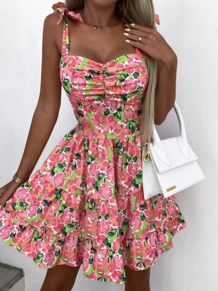 

Пикантное облегающее мини-платье на бретелях с бантом, женское Короткое платье без рукавов с открытыми плечами и плиссировкой, винтажное пл...