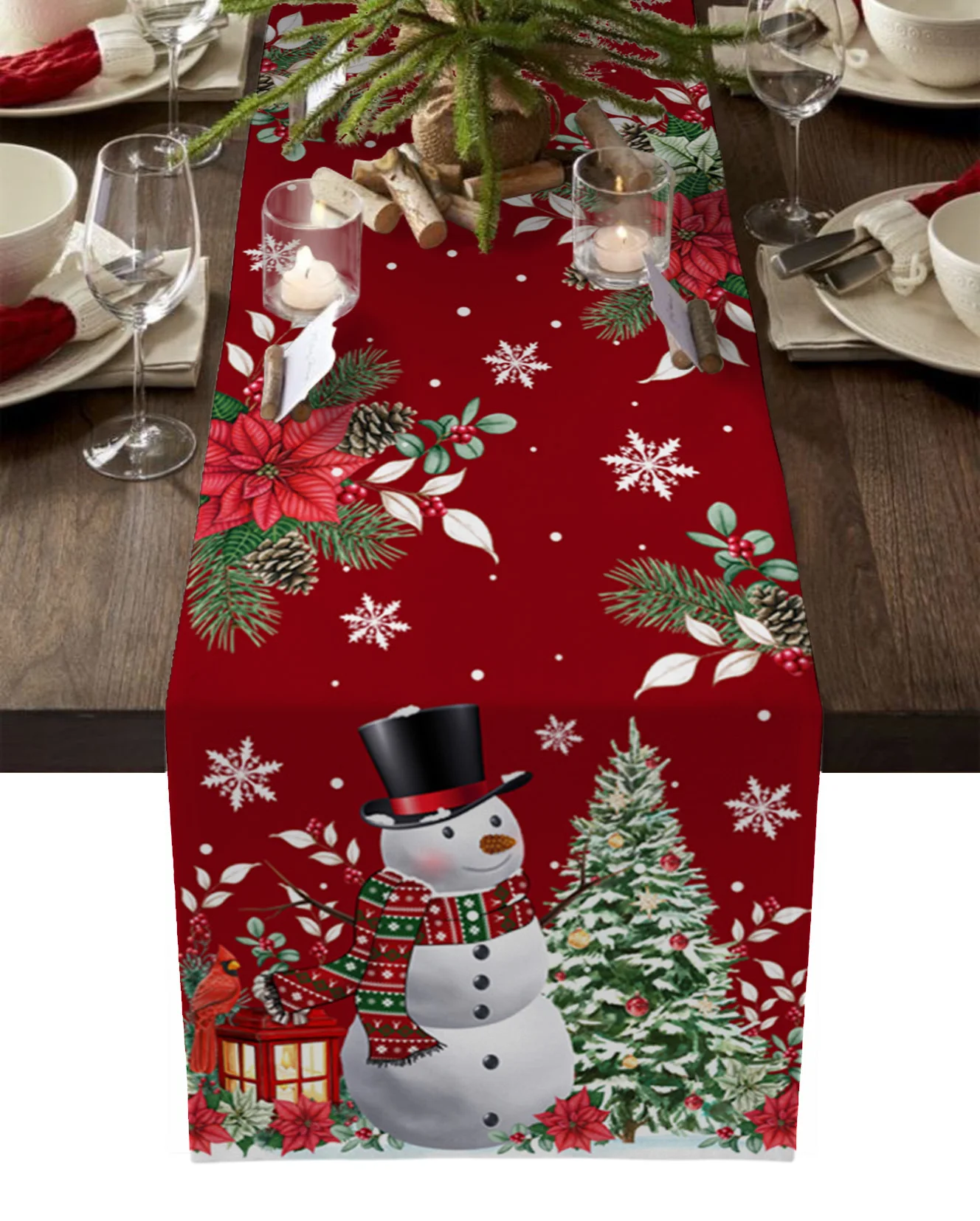 

Table Runner for Dining Table Wedding Table Runner Christmas Decoration Washable Christmas Poinsettia Snowman Snowflake Linen