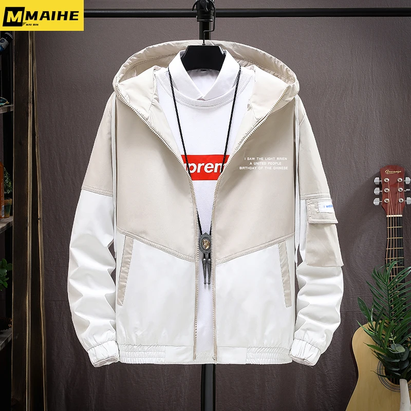 

Spring Autumn Men's Hooded Jacket New Men Bomber Jacket Streetwear Colorblock Fashion Male Zipper Windbreakers Chaquetas Hombre