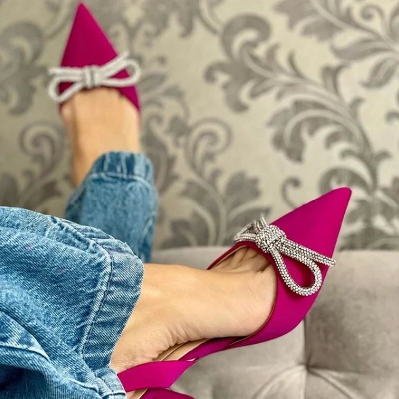 

New 2023 Women's High-heels Shoes Bow Rhinestone Fashion Woman Pumps Rose Red Pointed Toe Sexy Sandals Ladies Stiletto Mules
