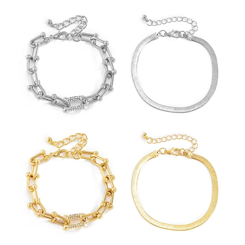 

Alloy Diamond U-shaped Buckle Flat Snake Chain Bracelet Set Thin Flat Bracelet